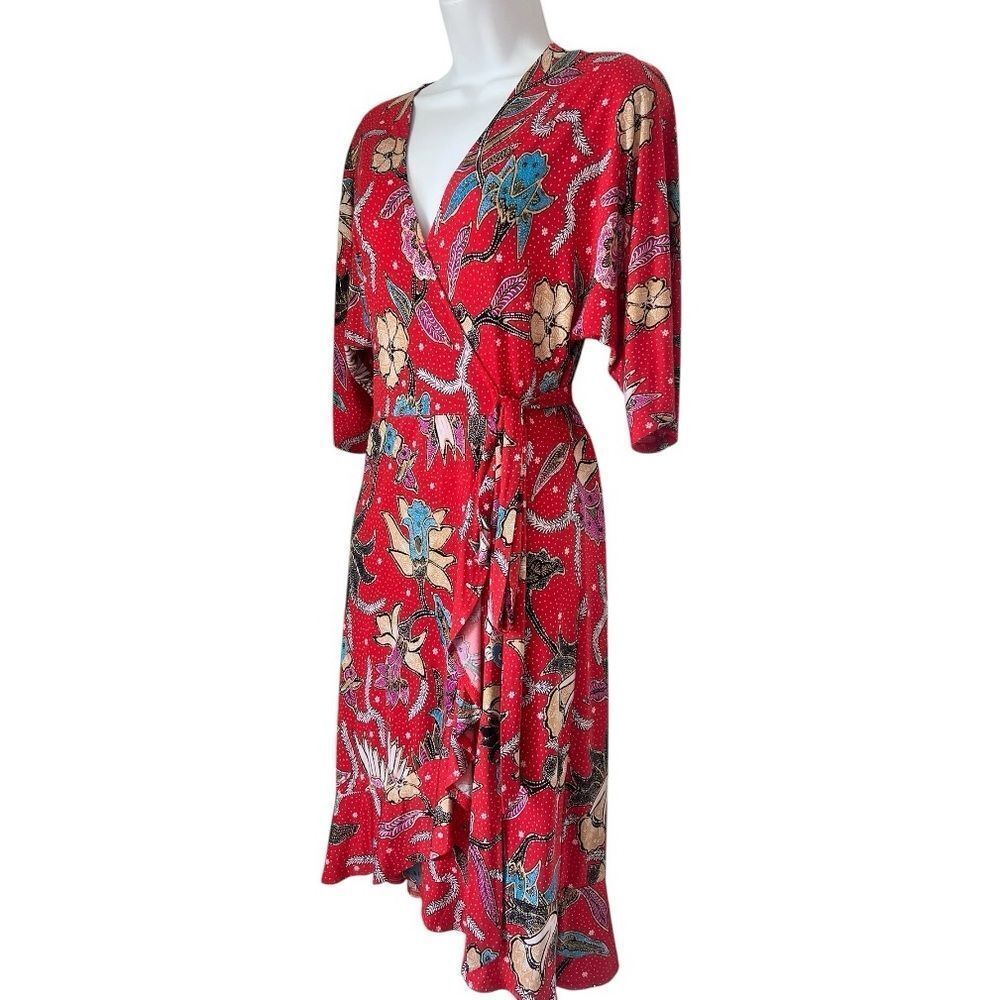 Veronica M Red Floral Wrap Midi Dress Sz XS